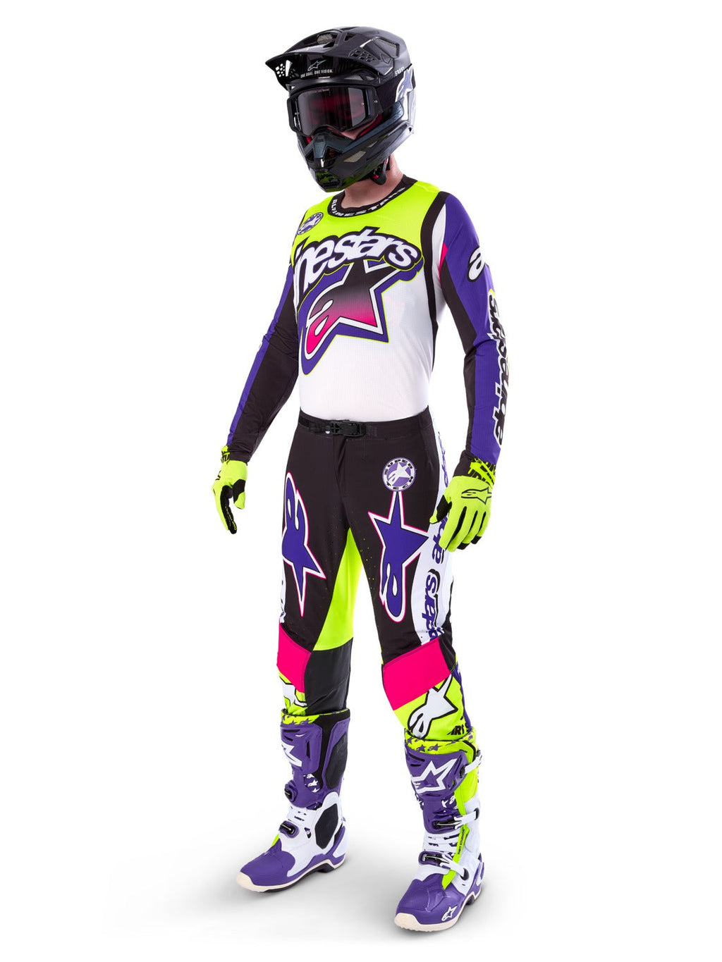 Kalhoty Alpinestars Supertech limitovaná edice Dirt Studios bílá/fialová/růžová/žlutá fluo